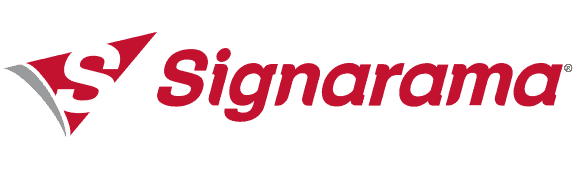 sar Red and black "Signarama" logo with a stylized "S" inside a triangle on the left side.