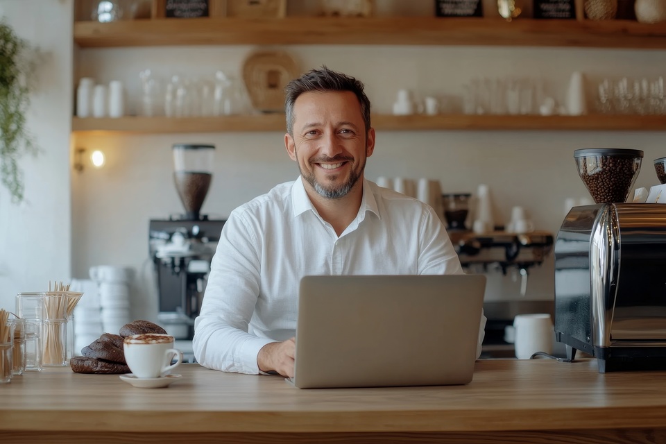 Barista crafting coffee drinks in a branded café, representing a growing coffee business ready to expand through franchising.