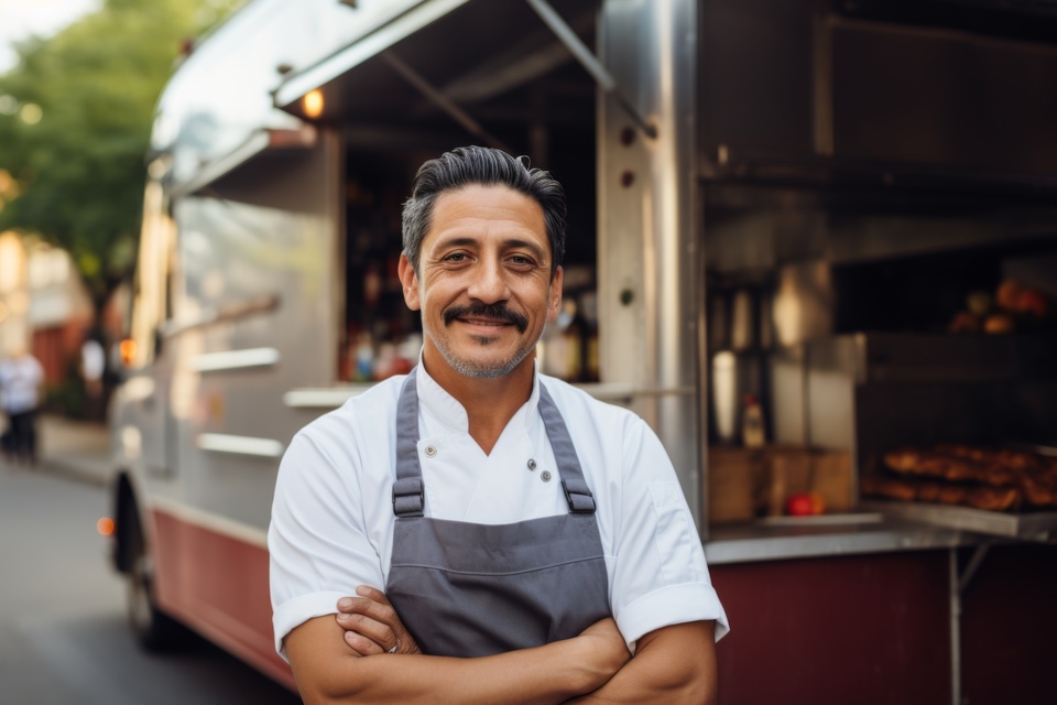 Entrepreneur operating a branded food truck, showcasing a mobile business model ready for expansion through franchising.